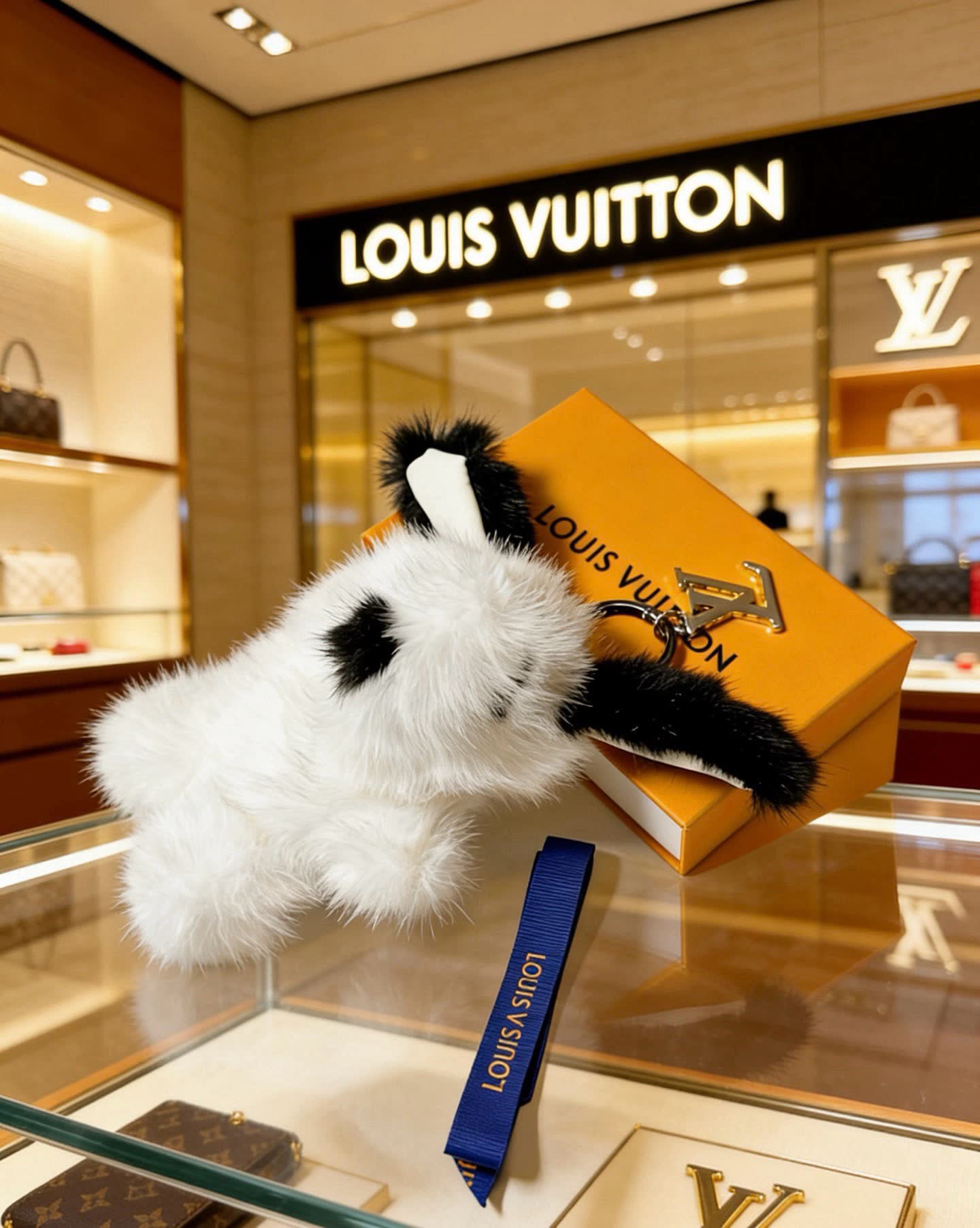Louis Vuitton White and Black Furry Keychain